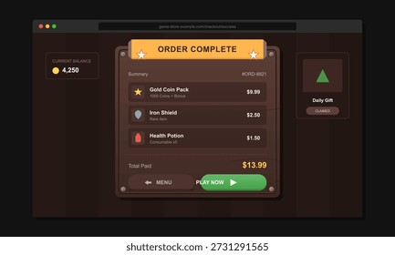 The order confirmation screen shows a summary of items purchased in a game including a gold coin pack, an iron shield, and a health potion with total amount paid.
