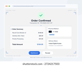 La confirmación del pedido muestra el ID de la transacción, los detalles del producto y el método de pago. La cantidad total muestra $184 para el acceso digital. Diseño de interfaz de usuario simple.