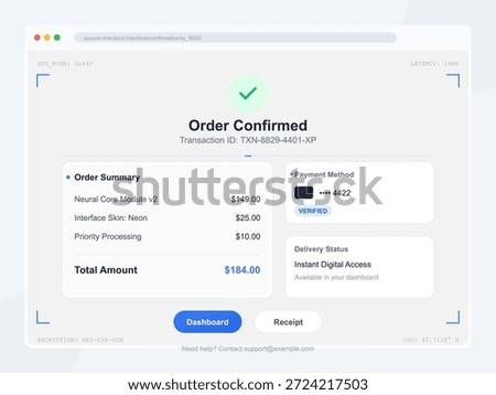 Order confirmation shows transaction ID, product details, and payment method. Total amount displays $184 for digital access. Simple user interface design.