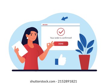 Order confirmed concept. Young girl buys goods on Internet, online shopping and cashless transfers. Electronic payment, modern technologies and digital world. Cartoon flat vector illustration