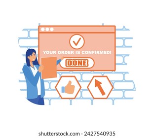 Order confirmed concept. Young girl buys goods on Internet, online shopping and cashless transfers.  flat vector modern illustration 