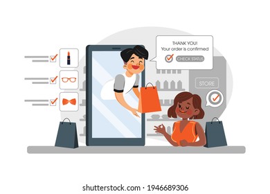 Order Confirmed Vector Illustration concept. Women confirmed her online order for delivery. Flat illustration isolated on white background.