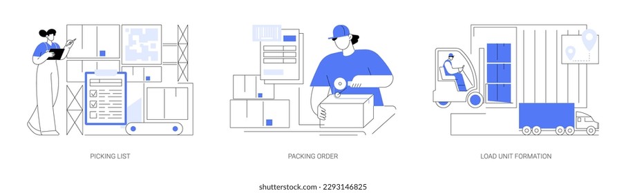 Conjunto de ilustraciones vectoriales de concepto abstracto de consolidación de pedidos. Lista de selección, orden de embalaje, formación de unidades de carga, formación y etiquetado de paquetes, metáfora abstracta de los contenedores ISO de carga de carretillas elevadoras.