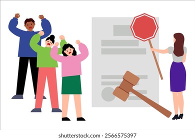 Order from the court to stop action. Woman with stop sign and protesters. Vector simple color flat illustration.