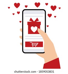 Order Valentine’s Day Gift with smartphone. Valentine’s Day Online shopping from home. Hand holding a phone. Vector illustration.