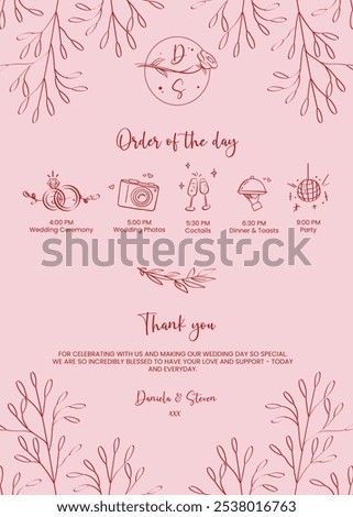 Order of the day with icons for the wedding day. Template, vector
