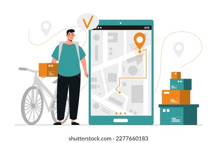 Order deliver concept. Man with box and bicycle stands near smartphone screen next to map with pin. Online shopping and fast home delivery, courier with parcel. Cartoon flat vector illustration