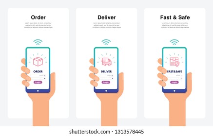 Order, Deliver, Fast & Safe, New And Modern Trends. Can Use For Marketing And Promotion, Web, Mobile, Infographics, Editorial, Commercial Use And Others. Vector. 