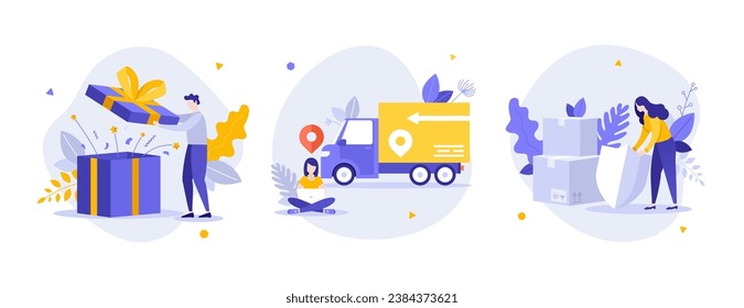 Order delivery abstract concept vector illustration set. Oppening gift box, tracking delivery app, parcel insurance, ecommerce abstract metaphor.
