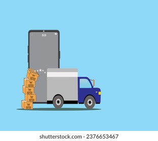 coche de la caja de entrega de pedidos, entrega de tiendas en línea, recogida de paquetes, fondo azul