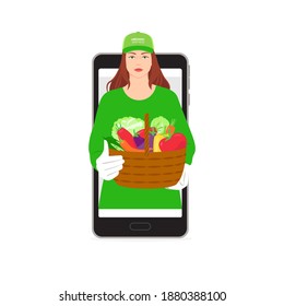 Orden y entrega por correo de productos ecológicos agrícolas. Solicite y entregue productos a través de la aplicación en su teléfono. Ilustración vectorial editable en colores brillantes.