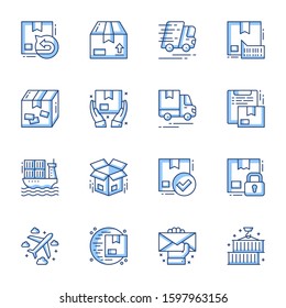 Order delivery and cargo shipment linear vector icons set. Logistic and distribution contour symbols isolated pack. Fast courier service, parcel express delivering thin line illustrations