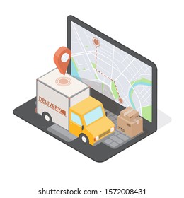 Order Delivery concept for commercial free fast shipping. Isometric truck and laptop screen with map. 3D vector illustration. Online tracking