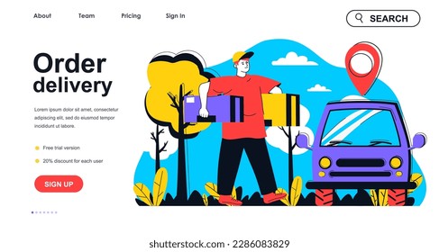 Order delivery concept for landing page template. Courier carries parcels to car for delivery to client. Express shipping people scene. Vector illustration with flat character design for web banner