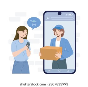 Order delivery concept. Man holds out box to woman through smartphone. Online shopping and home delivery, electronic commerce. Courier give parcel to client. Cartoon flat vector illustration
