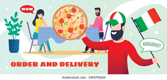 Order Delivery. Italian Pizza. Landing Web Page. Bearded Guy with Italy Flag, Cap Delivers Pizza. Smiling Guy and Girl Sitting Table, Waiting Order. Flat Vector Banner Illustration