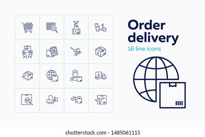 Order delivery line icon set. Barcode, loading, courier, airplane. Transportation concept. Can be used for topics like shipping, logistics, online store, ecommerce