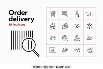 Order delivery line icon set. Barcode, loading, courier, airplane. Transportation concept. Can be used for topics like shipping, logistics, online store, ecommerce