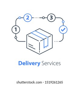 Order delivery, linear design, fast shipment, express shipping, postal parcel, distribution concept, courier service, transportation company, logistics solution, vector thin line icon