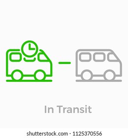 Order delivery and logistics line icon for online shop web design. Vector symbol of order in tansit status with van truck and clock