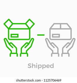 Order delivery and logistics line icon for online shop web design. Vector symbol of order box and hands for shipped or handled by couriear status