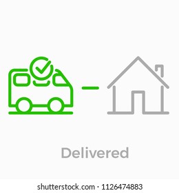 Order delivery and logistics line icon for online shop web design. Vector symbol of order delivered with courier van or truck, check tick mark and house