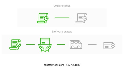 Order delivery and logistics line icon for online shop tracking web design. Vector symbols of order received, in transit and delivered with courier van or truck to house