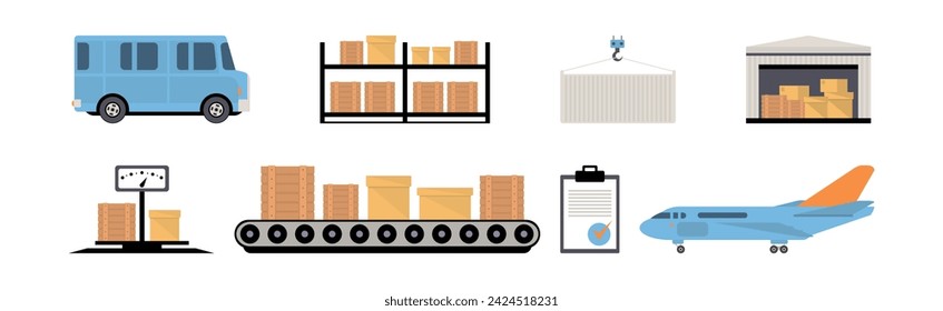 Order Delivery and Logistics with Parcel and Transport Vector Set