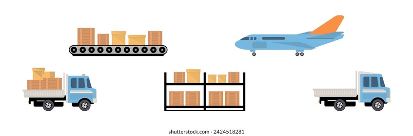 Order Delivery and Logistics with Parcel and Transport Vector Set