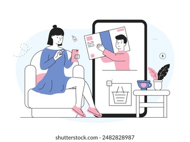 Order delivery online. Girl buying goods in online store. Man with bonus card on smartphone screen. Special marketing offer for regular clients. Linear vector illustration isolated on white background