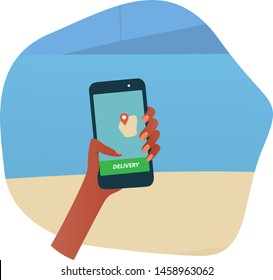 Order delivery online. Hand holding smartphone with map point or location mark and order button on screen. Colorful vector illustration in flat cartoon style.