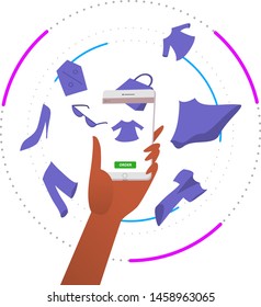 Order delivery online. Hand holding smartphone with clothes and order button on screen. Shopping in store online. Colorful vector illustration in flat cartoon style.