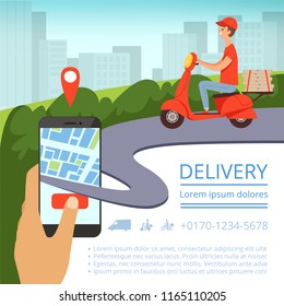 Order delivery online. Shipment tracking system mobile delivery man motorcycle fast shipping pizza box urban landscape. Vector picture delivery online, shipping order illustration