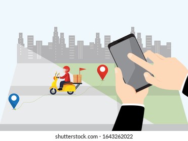 Order delivery online. Shipment tracking system mobile delivery man motorcycle fast shipping urban landscape.