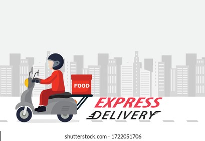 Order delivery online. Shipment tracking system mobile delivery man motorcycle fast shipping urban landscape.