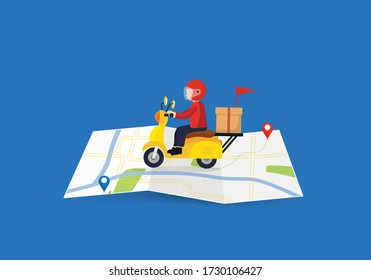 Order delivery online. Shipment tracking system delivery man motorcycle fast shipping urban landscape.