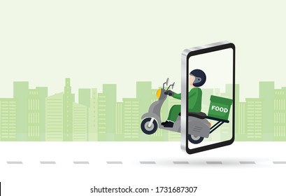 Order delivery online. Shipment tracking system mobile delivery man motorcycle fast shipping urban landscape.