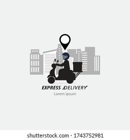 Order delivery online. Shipment tracking system mobile delivery man motorcycle fast shipping urban landscape.