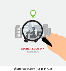 Order delivery online. Shipment tracking system mobile delivery man motorcycle fast shipping urban landscape.