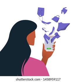 Order delivery online. Woman holding smartphone with online clothes shop and order button on screen. Shopping in store online. Colorful vector illustration in flat cartoon style.