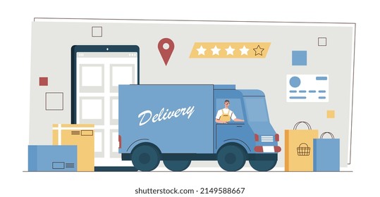 Concepto de servicio de entrega de pedidos. Un joven mensajero de camión sale del smartphone y entrega compras y productos a la ubicación especificada del cliente. Compras remotas. Dibujo vectorial plano de dibujos animados