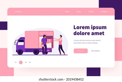 Order delivery service. Courier giving parcel box to customer near truck flat vector illustration. Shipping, logistics, transportation concept for banner, website design or landing web page