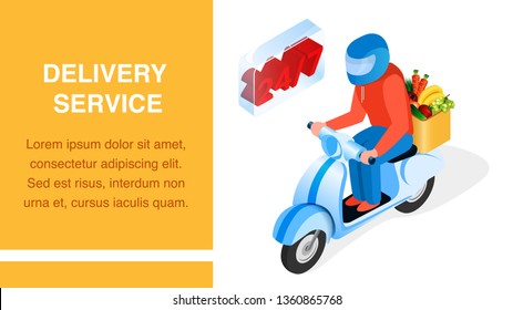 Order Delivery Service Isometric Banner Layout. 3d Man, Driver on Scooter Cartoon Character. 24h Products Transportation Typography with Text Space. Grocery Department Advertising Poster Design