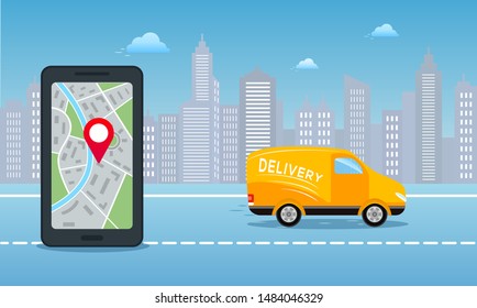 Order delivery service online. Smartphone with mobile app for shipment tracking and yellow van on city road background. Flat vector illustration design
