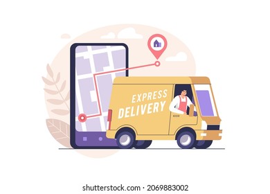 Order delivery service online. Smartphone with mobile app for shipment tracking and yellow van. Vector illustration.