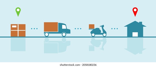 Order delivery service tracking transport parcel with location mark on blue background flat icon vector design.