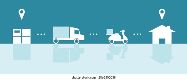 Order delivery service tracking transport parcel with location mark on blue background flat icon vector design.