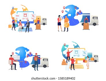 Order delivery set. Courier uploading truck for customers. Flat vector illustrations. Business, online store, logistics concept for banner, website design or landing web page