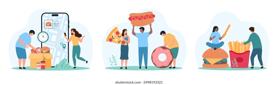 Order and delivery set from fast food restaurant, couriers route tracking in mobile app. Tiny people hold donut and fries, slice of pizza and hotdog, check time on city map cartoon vector illustration