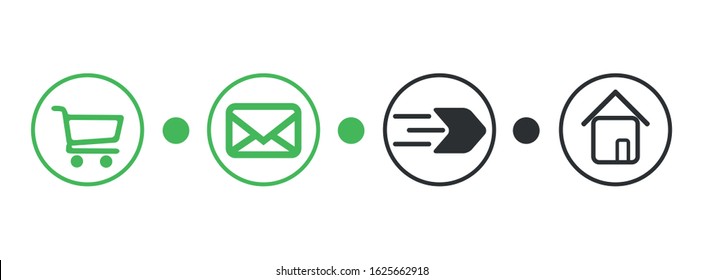 Order delivery status, post parcel package tracking vector icons. Order parcel processing bar, ship, in transit and delivery signs for express courier delivery app and web flat simple icons